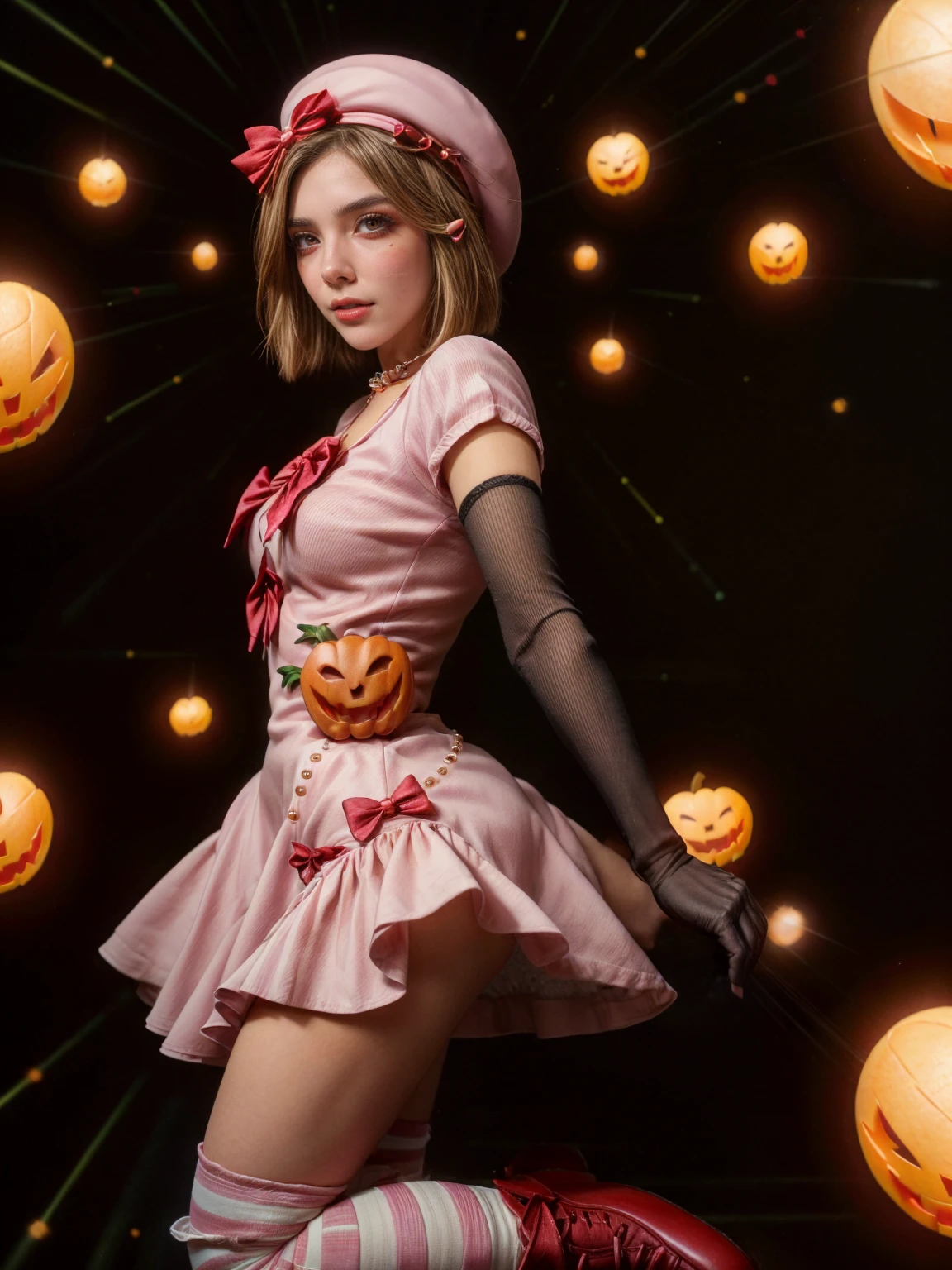 (1 lady), The beautiful, (Best quality at best:1.4), (ultra - detailed), (extremely detailed CG unified 16k), gold blonde hair, very detailed, High-definition RAW color photo, professional photoshooting, amazing face and eyes, cosmetics, (amazingly beautiful girl), ((lambdadelta, taller, tall woman)), ((dress, shoes bow, red shoes, striped stockings, red bow, pink hat, necklace, gloves, pearl, pumpkin brooch, pink dress)), levitating in a cute posture (floating in the air), (She's levitating in a cosmic sea, outer space:1.3, quantum hyperspace room lacking walls, hyperspace chamber, extremely detailed background, a lot of details background, realistic background), (look from above), realistic cinematic face, head to feet long wide zoomed out view, full body long view, photorealistic, ((realistic natural blonde hair style, red eyes)), gorgeous, extremely beautiful face, perfect model beauty, pout mouth, Highly Detailed Face and Skin Texture, Detailed Eyes, Double Eyelids, Big Breasts, Persistent Stare, Faith Trance, (mystical stare, looking eternity), (masterpiece), best quality, high resolution, depth of field, cinematic lighting, amazing legs, pink combat boots, clear and well-cared skin, bethcast