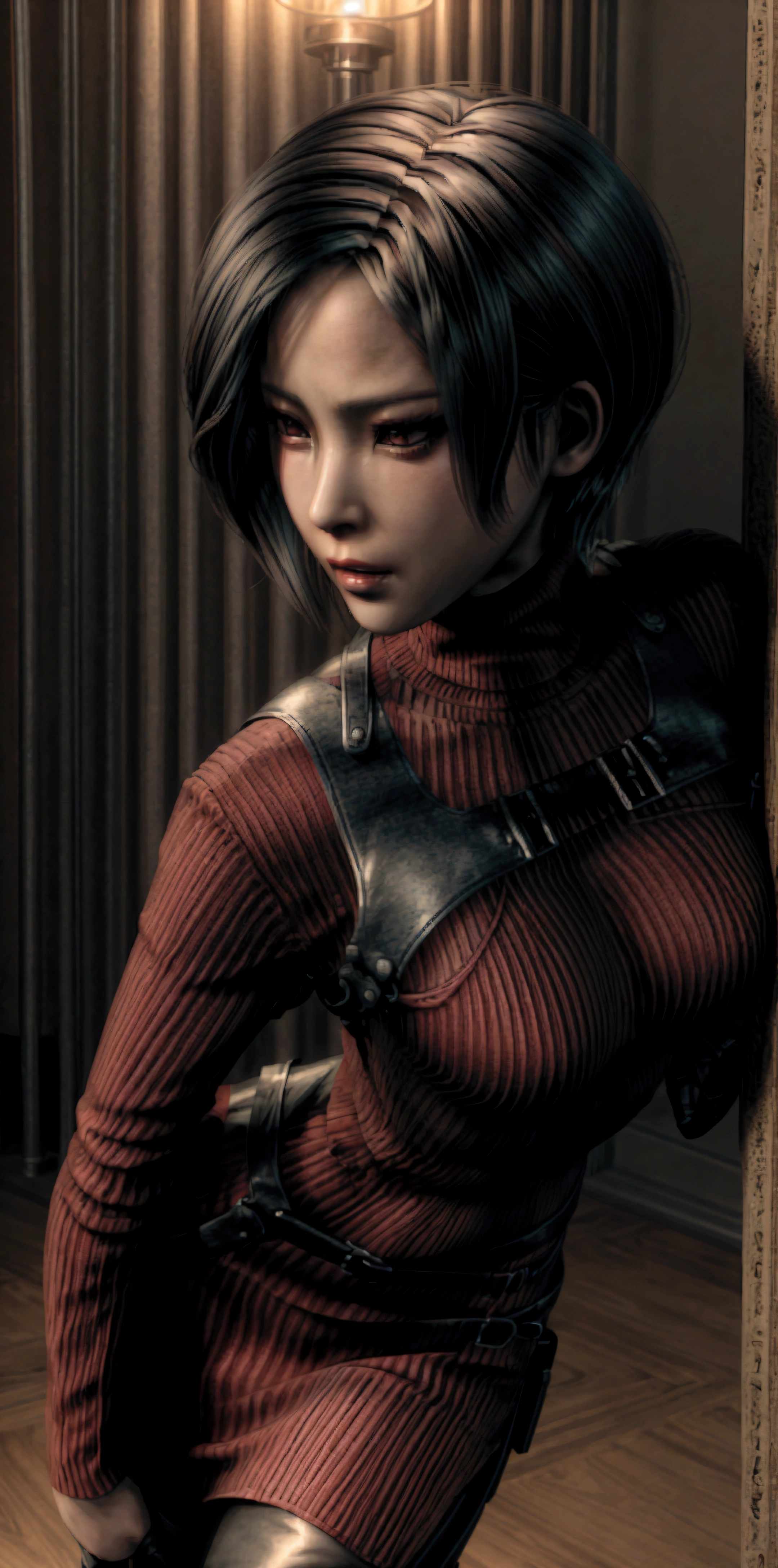 Ada wong, resident evil art, realistic skin, detailed face, thin narrow waist, medium round breatst, red tight dress, military straps and belts, ribbed sweater, realistic, sexy pose