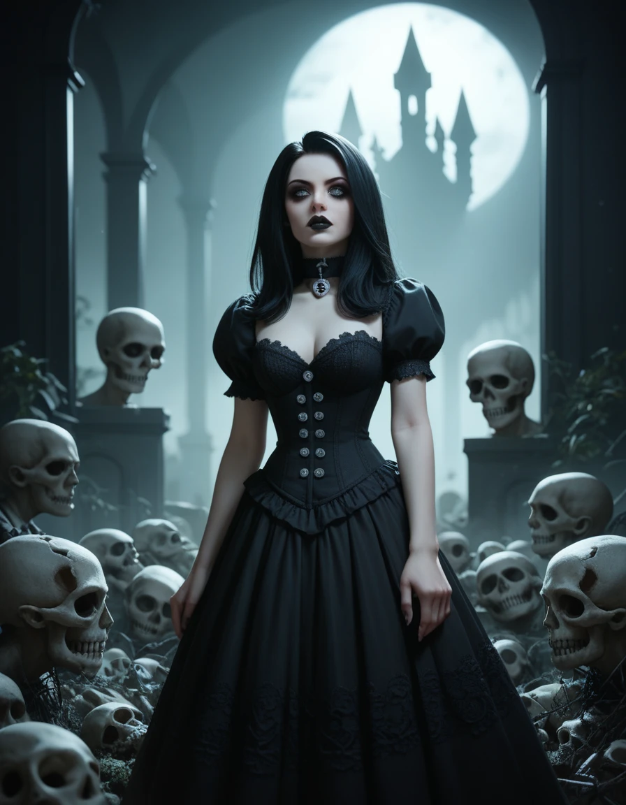 gothic girl, white eyes, black lips, long black hair, Black dress with lace, sin collar, corset with small skull buttons, Wicca sexy. Gothic style, Beautiful necromancer. frontal, Beautiful necromancer. Background a dark gloomy cemetery, the background without skulls.