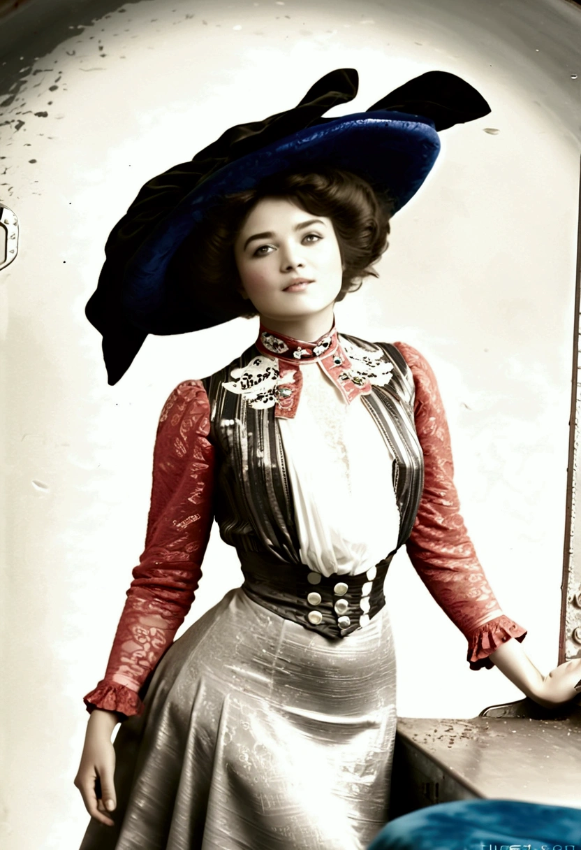 A sexy 13yo Gibson Girl (((dry-humped by a dirty 69yo gentleman inside a train car))). Year 1902. 1900_dr3ss. Pink high-collar long sleeve shirtwaist, ornate picture hat, floor-length skirt, petticoats, silk stockings, boots. Thotty demeanor. Hourglass figure. Large chest, 9in wasp waist, bubble butt. Edwardian setting.