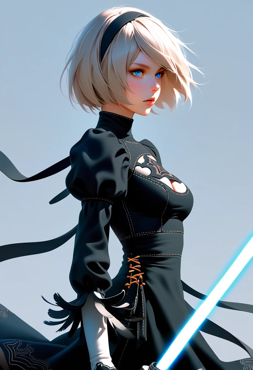 score_9, score_8_up, score_7_up,source_anime, high res image,masterpiece,best quality
BREAK {solo, (2B of Nier_Automa:1.4)), (slender body,medium breasts),(lightbrown_lightwhite colored hair:1.4, short cut hair), (medium mouth:1.2),(narrow and sharp eyes:1.4,blue-glay eyes),(black hairband:1.4) ,cleavage,(Nier_Automata_2B costume:1.2)
BREAK (hold a lightsaber:1.2),simple_background