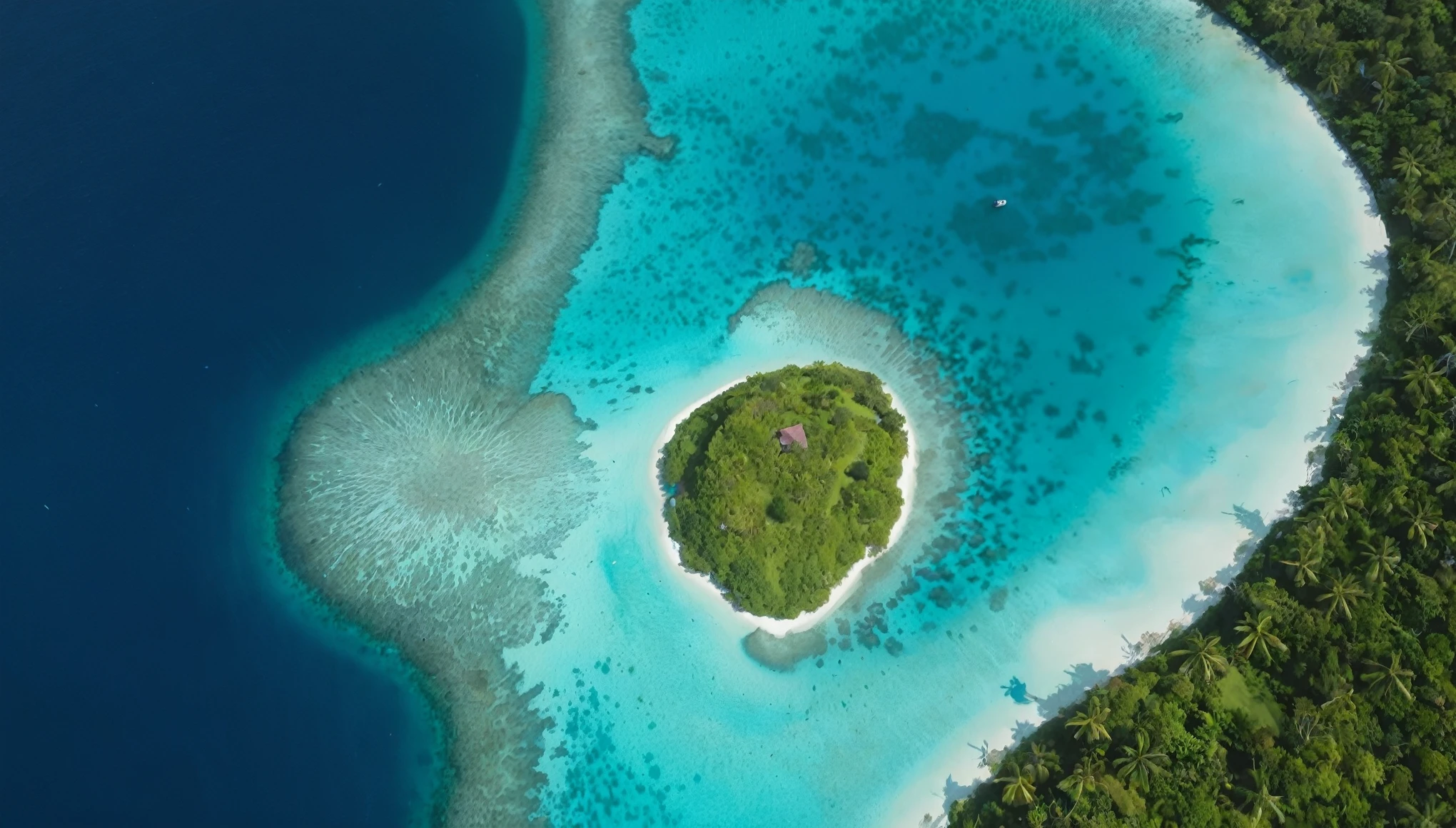 Create a top-down aerial view of Fiji Island. The image should capture the following elements: Tropical island: Show the island surrounded by crystal clear waters in shades of turquoise and green. The coast should be lined by white sand beaches, with small waves gently breaking on the shore.