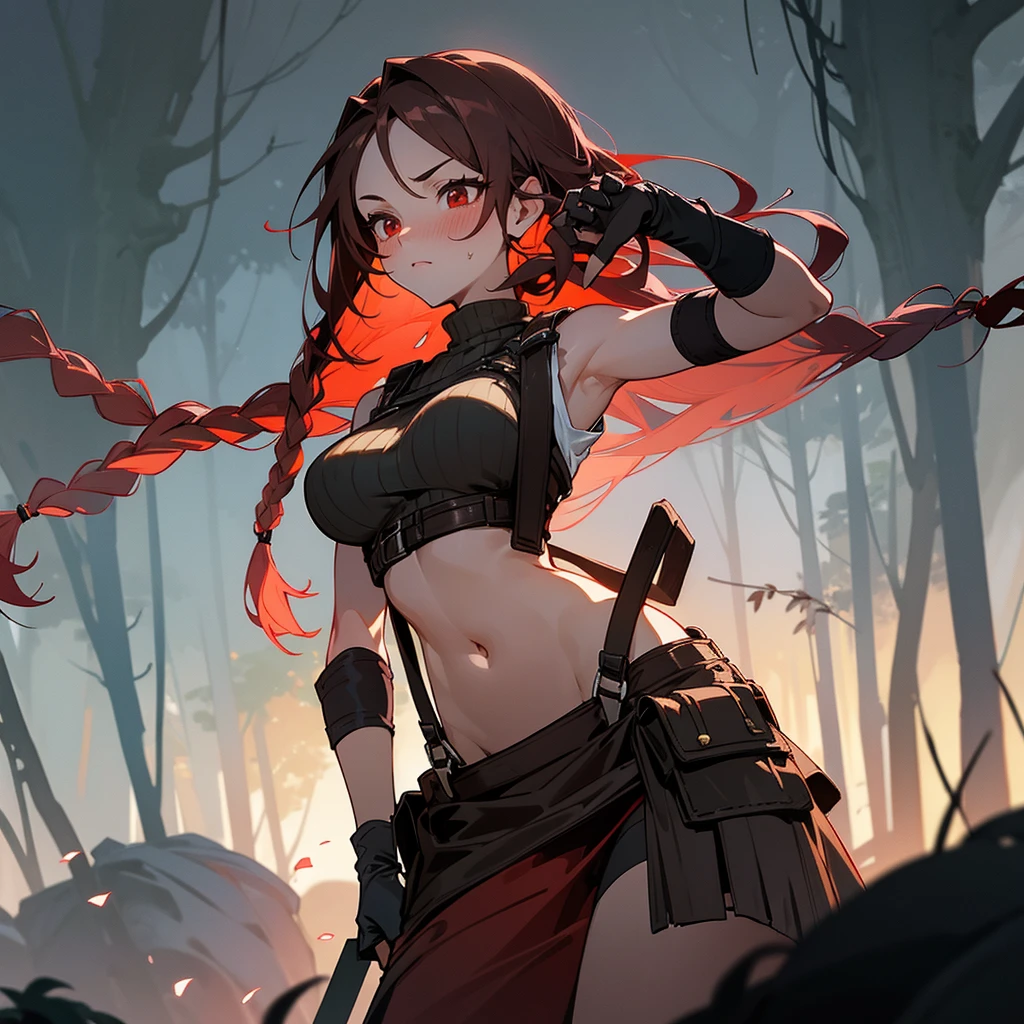 1female, sexy, big breast, adult, finely detailed red eyes, wild long hair, braided hair, dark brown color hair, adventurer gear, suspenders, sleeveless crop top sweater, baggy combat skirt, night time, dark forest, somber expression, flowers, blushing, standing on path, lanturns, black armband, mma gloves
