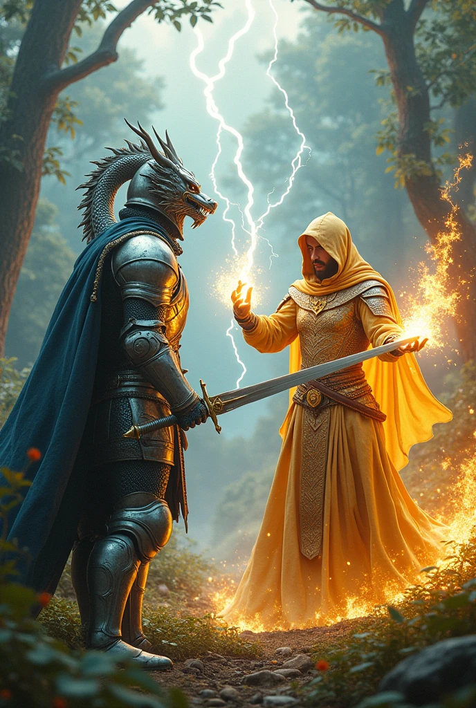 A knight in silver armor with a silver Chinese dragon on his head and holding an enchanted sword fights a pagan in a golden robe and hood, using lightning magic in his left hand and fire magic in his right hand.