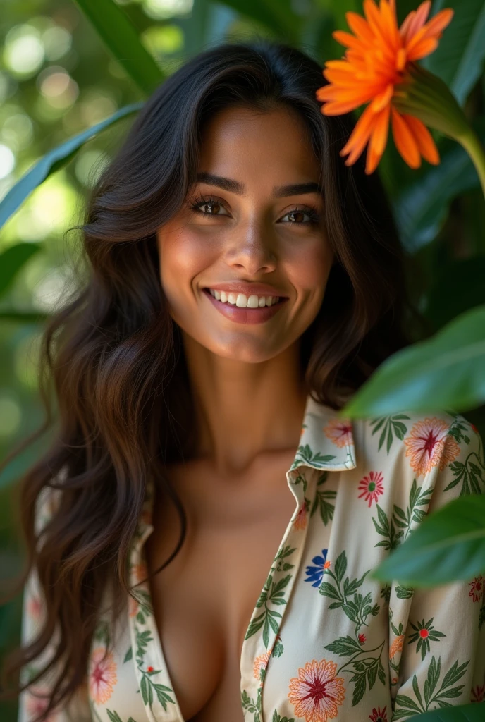 A Brazilian woman in a lush tropical garden, wearing an open shirt with a floral print, with a close-up capturing the harmonious beauty between her breasts and the natural flowers, showing off your natural charm and outgoing personality.