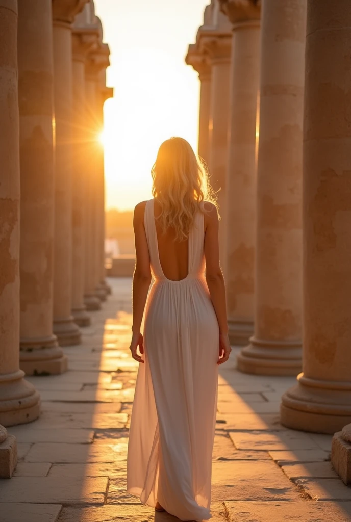Femme blonde en tenue de soirée blanche, debout au milieu d'une ancienne ruine grecque, entourée de colonnes en marbre, avec le soleil couchant derrière elle, créant une aura presque divine