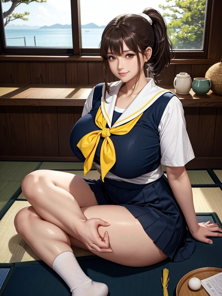 highest quality、8k、Realistic、1 girl、2、Full body portrait、(Curvy body type、Embarrassing)、(Japanese 、Sitting with legs crossed、Spread legs、Positive)、(Dark brown hair ponytail:1.4、Japanese school sailor uniform:1.3、Navy Pleated Skirt、Skirt fluttering in the wind:1.2)、、(White and navy theme:1.2), (yellow リボン:1.2) on chest、 red リボン on hair, (Big Breasts), Beautiful thighs、Beautiful ass, light smile,