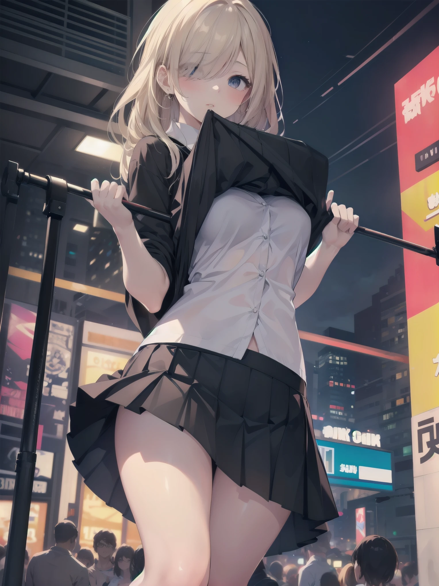 Highly detailed CG Unity 8k wallpaper, best quality, highly detailed, masterpiece, Highly detailed cute girl, 1, (((lifting skirt by herself))), (lifting by herself), dynamic angles, sexy pose, blush, lips apart, looking at the audience , half body shot, (crowd), (crowded big city)), hair over one eye, immaculate beauty, upscale, less revealing clothing