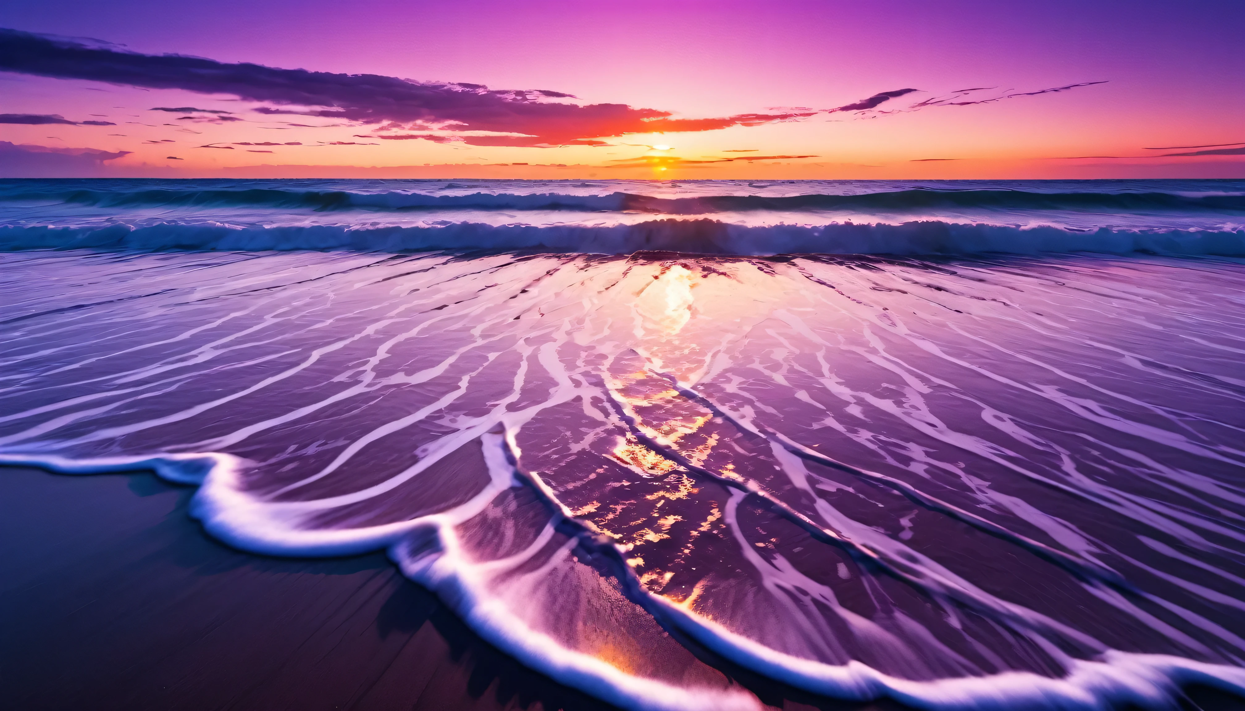 (masterpiece, Highest quality:1.4), Cinematic Light, colorful, High Contrast, neon, null, sunlight, null間, Beach, Wave, unmanned, Vast landscape photography, (a view from below that shows the null above and the sea below use a lot of purple and orange, detailed, Anime style with warm colors and vivid Japan  