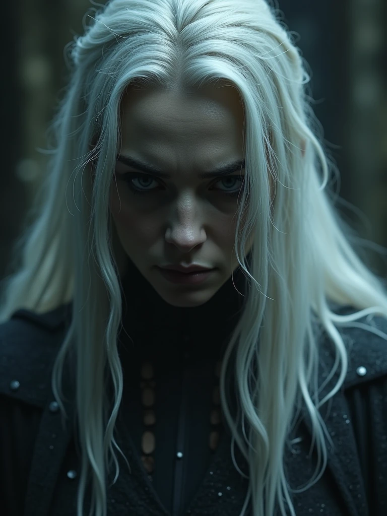 Queen's dark face fails, long white hair, bonitas, Masterpiece artwork. An ultra-realistic and highly detailed image ar-16:9 The scene was filmed on a Sony A7R IV camera with a 24-70mm f lens./2.8GM, which provides incredible clarity and richness of detail.