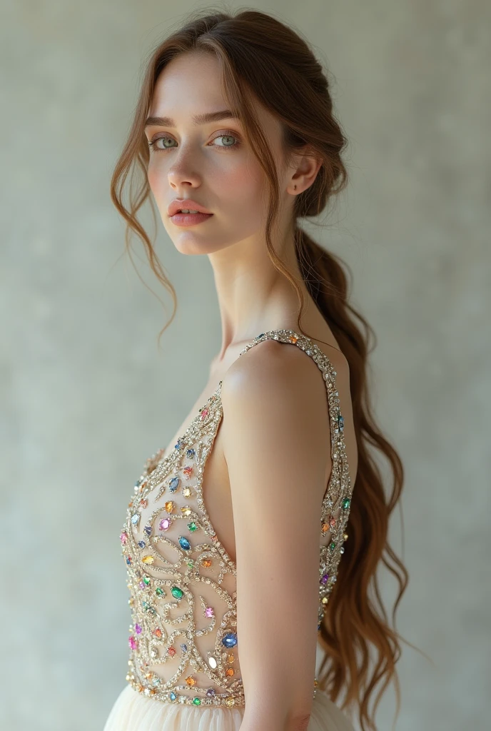 European woman model with hairstyle wearing long dress with colorful rhinestones. Show the model&#39;s entire body. 