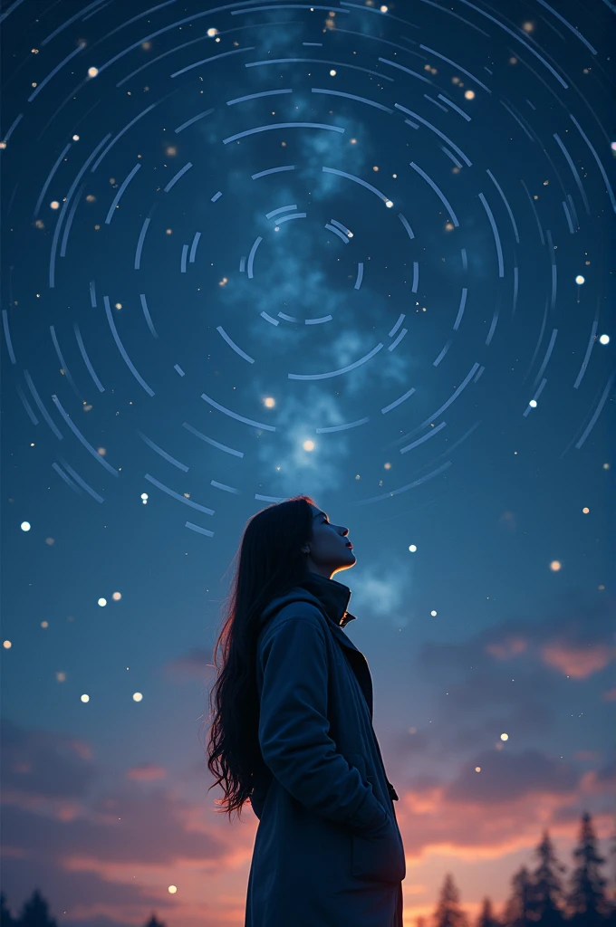 8k,wallpaper of extremely detailed CG unit, ​masterpiece,hight resolution,top-quality,top-quality real texture skin,hyper realisitic,increase the resolution,RAW photos,best qualtiy,highly detailed,the wallpaper,cinematic lighting,ray trace,golden ratio, BREAK ,many stars twinkling in a beautiful bright winter night sky, long exposure starry sky with many circular orbits, silhouette of a cute young woman with long hair with her hands in her coat pockets looking up at it, photo taken from long distance, photo from below, beautiful kaleidoscope multiple exposures overlapping