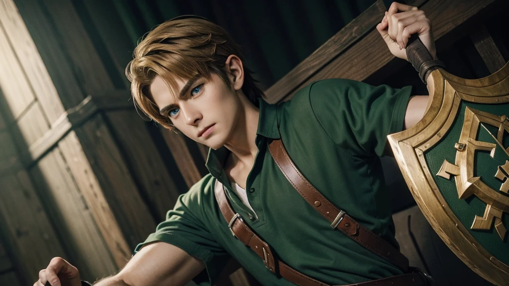 "A detailed portrait of Link from The Legend of Zelda, focusing on his upper body without his iconic green hat. Link stands confidently, with his shoulders squared and his head slightly tilted, giving him a determined yet calm expression. His hair is longer than usual, flowing just past his shoulders, with soft, golden strands framing his face. He is wearing his classic green tunic, the fabric slightly textured and worn from countless adventures. His Hylian Shield is slung over his back, and the Master Sword’s hilt is visible at his side. His gloved right hand is resting on the hilt, ready to draw it at a moment’s notice. His bright blue eyes are filled with resolve, and his expression reflects his unwavering courage."