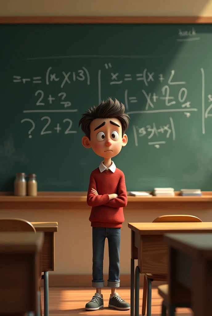 Alex(consistent character) in a classroom with a puzzled expression, looking at a math problem on the blackboard.*