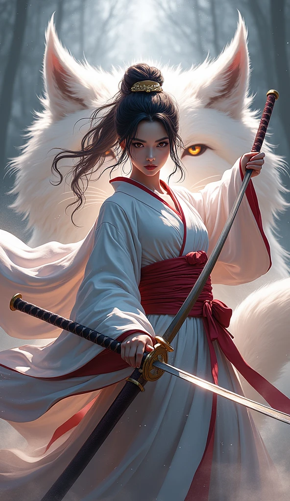 The enigmatic samurai woman (Musashi Miyamoto) wielding a long Japanese sword, Splitting with each powerful slash、Enveloped in the mist that obscures vision, Revealing a vivid and otherworldly scene, The clarity of the sword's slash against the hazy background, Mysterious Background, The white fox's sharp gaze met the viewer's., A layer of ethereal mist shrouding the foreground, Piercing, clear eyes, An exquisite and detailed kimono, Dramatic lighting and colors