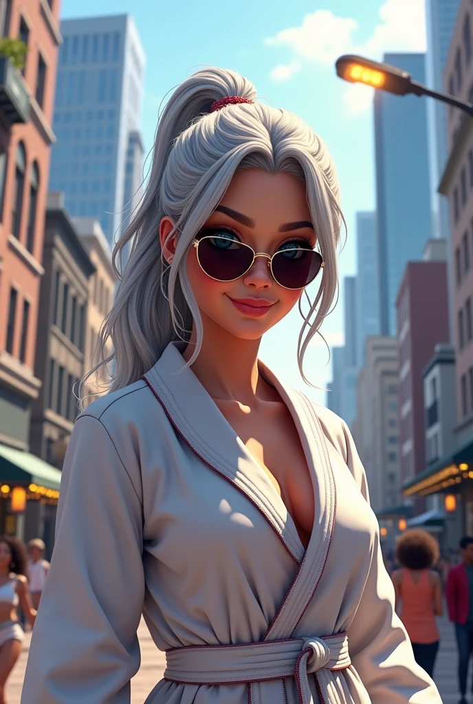 A beautiful youthful looking Hispanic version of Ariana Grande as a 50 years old woman with long her completely gray hair in a ponytail styles as the superhero Daisy Johnson from Agents of S.H.I.E.L.D with blue eyes wearing sunglass wearing a bathrobe in a city downtown with many skyscraper nearby she is smiling for the camera