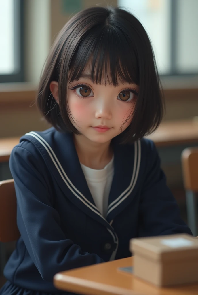 Highest quality, Face Focus, Soft Light, Ultra-high resolution, (Realistic:1.4), RAW Photos, 1 Japan, alone, cute, (A shy smile:0.5), (Brown eyes, Light in your eyes), Beautiful face in every detail, (Small box),(High resolution detail of human skin texture), (Short Bob Hair), break, In the classroom,Navy uniform, Best, skirt