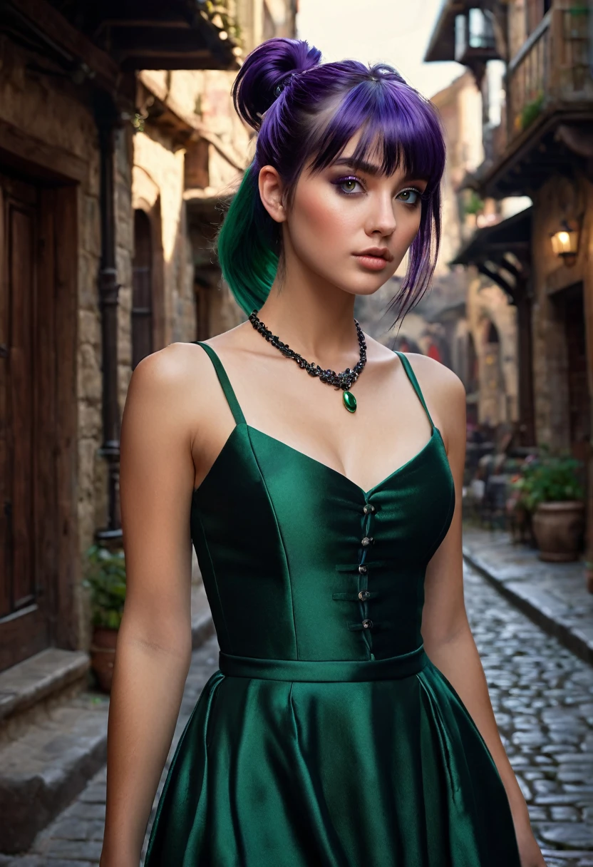 A young woman, dark green hair tied in a side ponytail and bangs, purple eyes, (((a young woman with short dark green princess hair 1.7)))(((very beautiful))), perfect faces, full body, she is in a medieval town during the day, warm palette, she is wearing a sleeveless black dress with thin straps and a black necklace around her neck, purple eyes, , 8K, extremely detailed, (high quality, realistic, photorealistic: 1.37), ideal proportions and defined skin, meticulously crafted features, unapproachable beauty, perfection, artistic art, vivid realism, hyper-detailed sculpting, realistic shapes, truly awe-inspiring, impeccable craftsmanship, pure brilliance, ethereal beauty, delicate contours, striking poses, sublime beauty, subtle nuances, dynamic compositions, vibrant colors, perfect lighting, moving expressions, heavenly aura, majestic presence, dreamlike atmosphere, unmatched detailed octane rendering trend on artstation, artistic photography 8k, photorealistic concept art, cinematic volumetric natural soft light, chiaroscuro, award winning photography, fine art, oil on canvas, beautiful, detailed, intricately, insane
