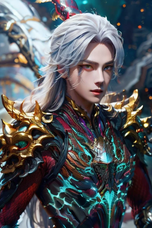 (Best Quality, 8K, Masterpiece, HDR, Soft Lighting, Picture Perfect, Realistic, Vivid), Male Humanoid Dragon (1.0), 1 Guy, (((male))),light red lips, Perfect Face, Super Detailed Photo of a Magnificent Humanoid Dragon man with long silver hair,golden amber eyes,eyes detailed,Beautiful anime fantasy, background blur, anime fantasy, Gouves style work, realistic: 1.37, long silver hair, full lips, (((Curvy guy))), (Ultra high quality fantasy art) , Masterpiece , male model, ultra high quality male character designs, detailed 8k anime art, realistic anime art, highest quality wallpapers, intricate ultra high quality accurate male characters faces, high quality design and accurate physics (fantasy - ultra high quality) art) , dark xianxia fantasy style), masterpieces, super high-quality characters, anime resolution - 8K, realistic anime art, wallpapers with the highest quality illustrations, ultra-high detail of faces, high-quality design and accurate physics), color, depth of field, shadows, ray tracing, high quality execution. -high quality and 8K resolution, (Accurate simulation of the interaction of light and materials)], [High-quality hair detail [Read more about beautiful and shiny white hair]], (Beautifully detailed hands [perfect fingers [Perfect nails]]], (perfect anatomy ( perfect proportions)))) [[Full height]], [Perfect combination of colors (Accurate imitation of the interaction of light and material)], [art that conveys the meaning of the story](modified)