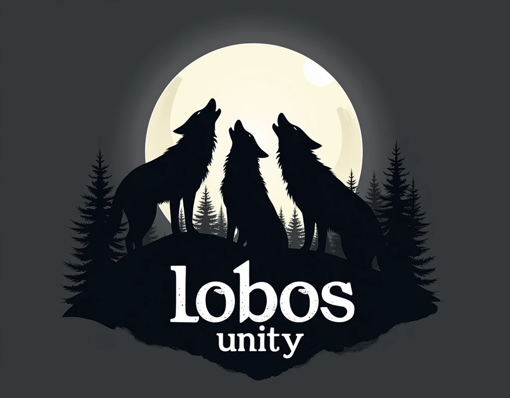 Create a logo for me with 3 wolves howling on top of a hill with a forest and the moon in the background. with the name "lobos" below the wolves and the name "unity" below the name Lobos, having black and white as the main color