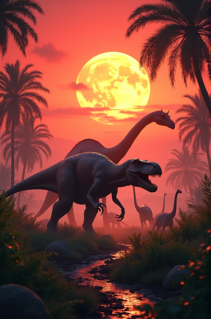 An Acrocanthosaurus stalking a herd of Brachiosaurs during a red sunset
