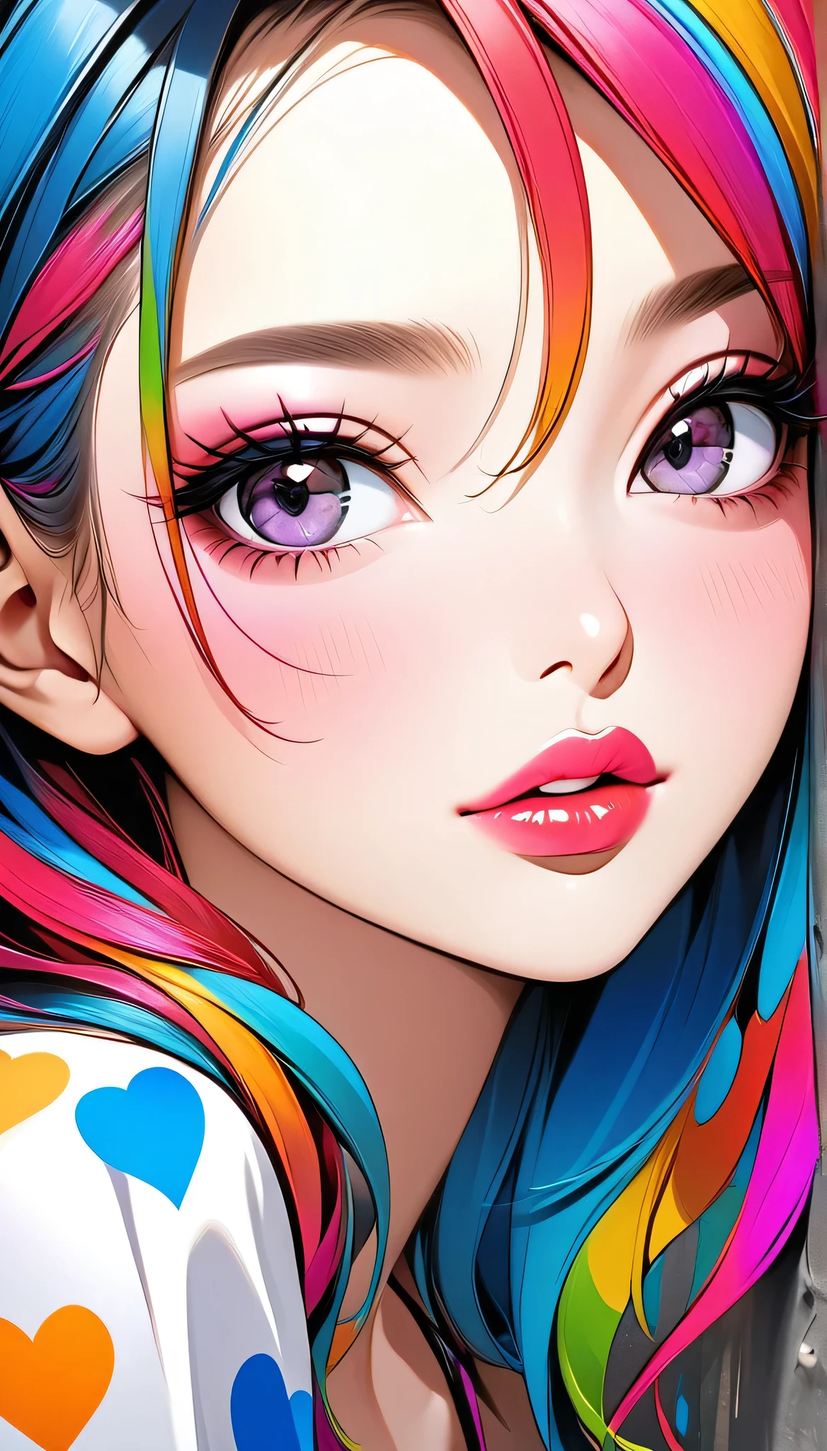 Ultra-realism Micho colorful style, Simple Line Initialism，Abstract art，(((The most beautiful girl of all time))), Sweet face. Lips in love, colorful hearts, stylish design, Summer beach fashion, Dark Eyes, Graffiti on the wall