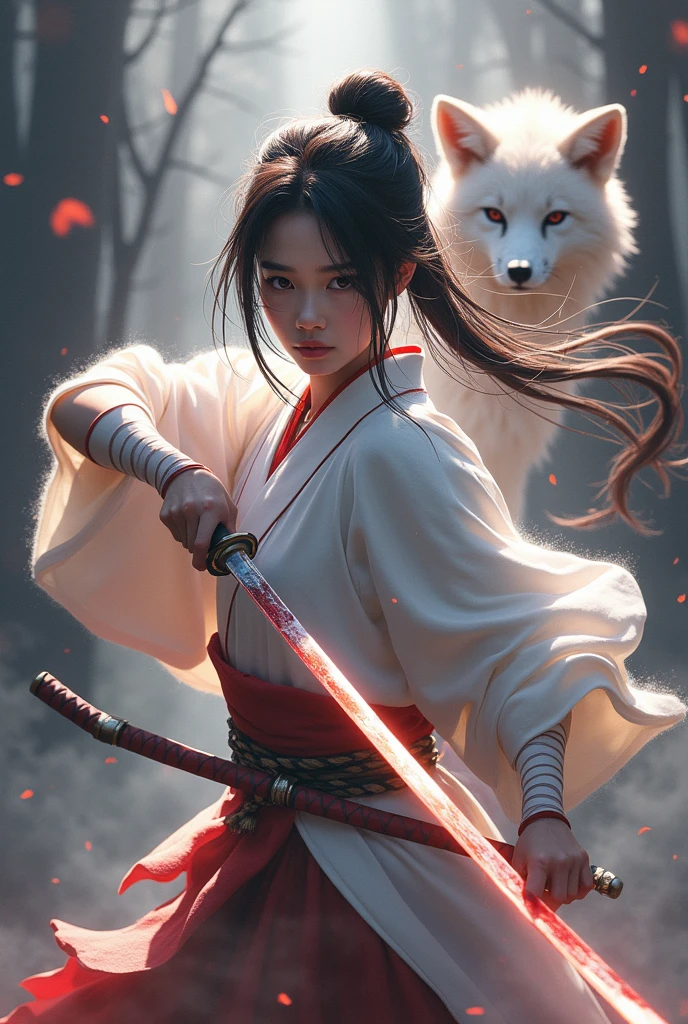 The enigmatic samurai woman (Musashi Miyamoto) wielding a long Japanese sword, Splitting with each powerful slash、Enveloped in the mist that obscures vision, Revealing a vivid and otherworldly scene, The clarity of the sword's slash against the hazy background, Mysterious Background, The white fox's sharp gaze met the viewer's., A layer of ethereal mist shrouding the foreground, Piercing, clear eyes, An exquisite and detailed kimono, Dramatic lighting and colors
