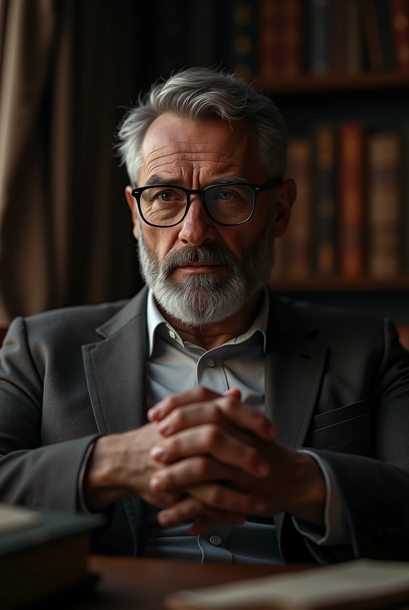 a young middle-aged gentleman with a serious appearance, with glasses and a beard