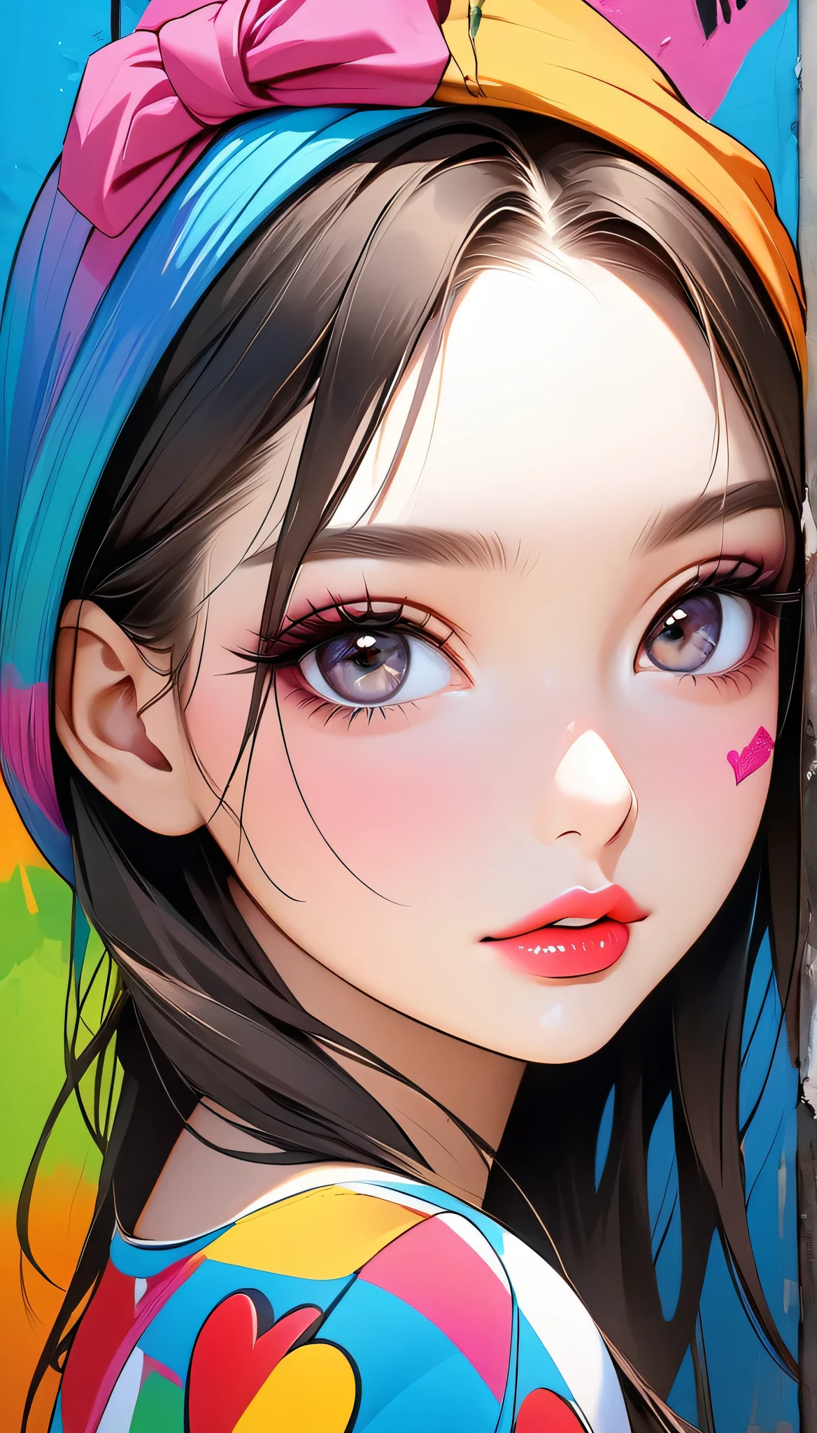 Ultra-realism Micho colorful style, Simple Line Initialism，Abstract art，(((The most beautiful girl of all time))), Sweet face. Lips in love, colorful hearts, stylish design, Summer beach fashion, Dark Eyes, Graffiti on the wall