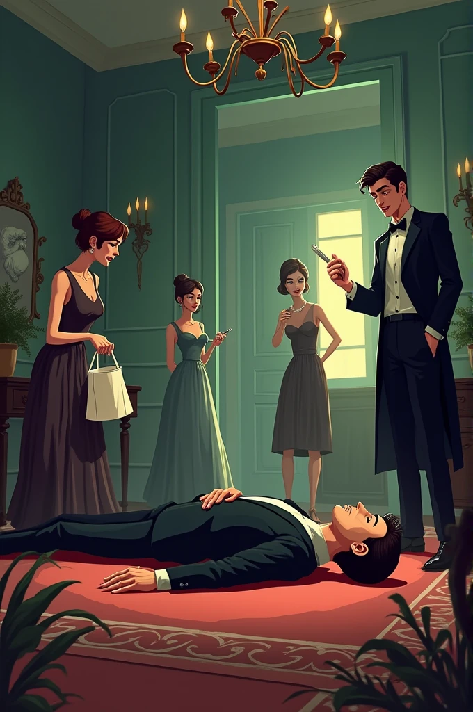 gardener a cleaning lady a very elegant butler an elegant woman and a dead man with his eyes closed lying on the floor of the living room in his mansion everyone fighting and looking scared and everyone next to the body images of cartoon characters