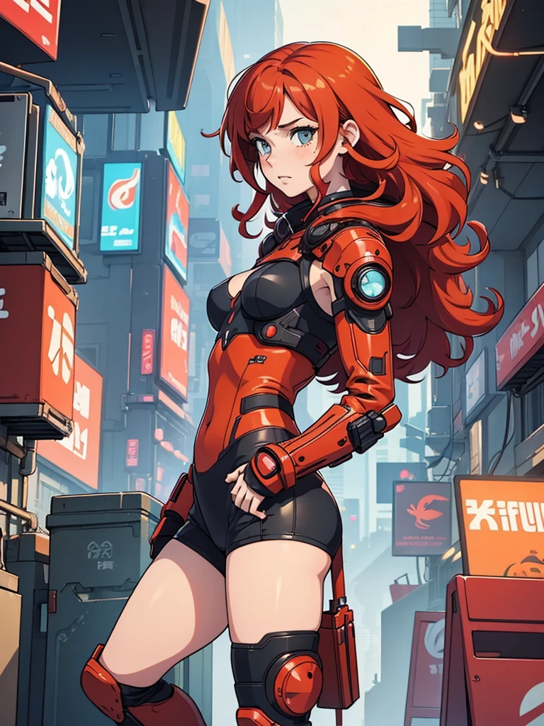 (masterpiece), (best quality), 1woman, ginger hair, red hair, curly hair, anime style, freckles, small breast, figure, cyberpunk clothes, legs