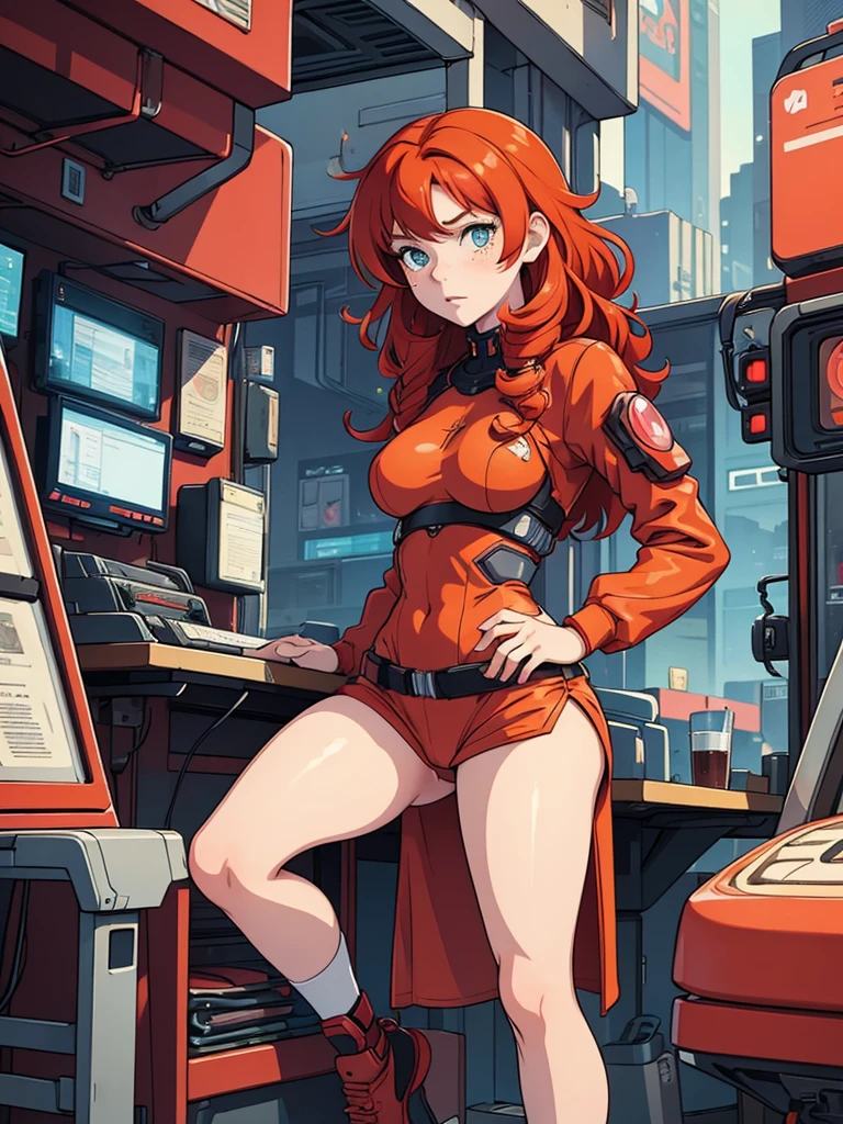 (masterpiece), (best quality), 1woman, ginger hair, red hair, curly hair, anime style, freckles, small breast,  figure, cyberpunk clothes, legs