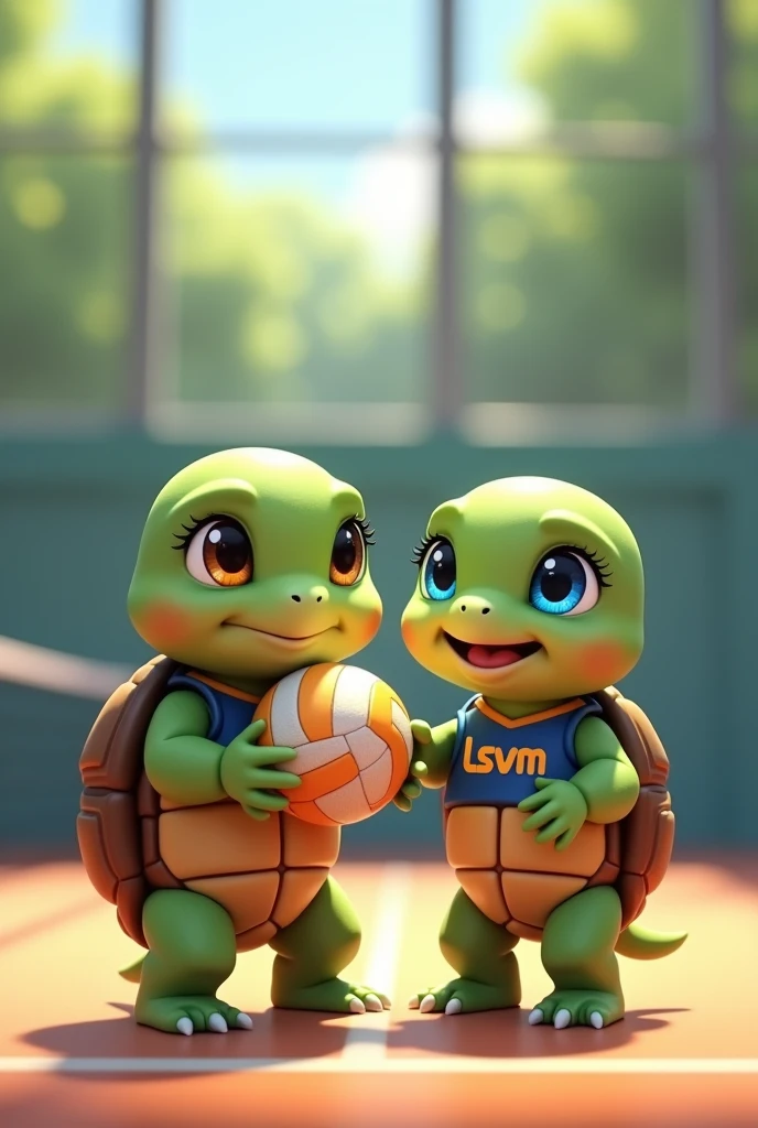 Waku and his friend Tina, are adorable teenage turtles with vibrant green skin and a rich brown shell, looking up with bright blue eyes that shine with excitement, as if celebrating a triumphant spike, they meet on a modern indoor volleyball court, prepared to train volleyball, wearing a small blue sleeveless t-shirt with a stylized orange "lsvm" logo on the chest, his tiny tennis shoes tied and ready for the next serve with a volleyball in his hands, capturing the essence of its joyful and competitive spirit, with soft, warm lighting that casts a comforting glow on the overall scene.