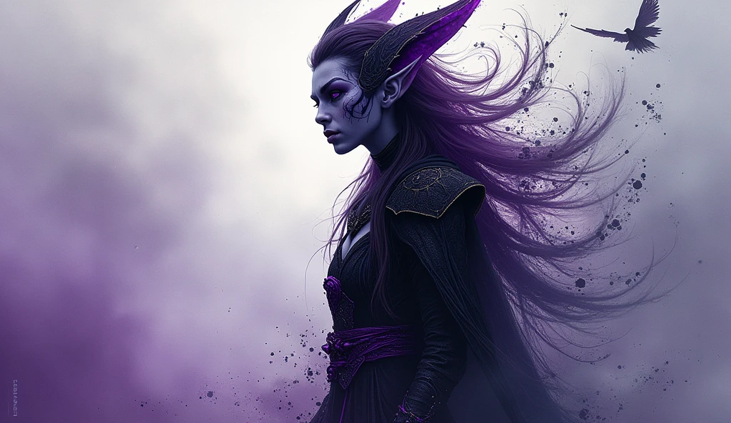 (masterpiece, high resolution, dark fantasy art:1.3), captivating dark elf, striking features, (elongated ears:1.2), piercing violet eyes, (intricate facial tattoos:1.1), (mysterious gaze:1.2), standing in a dynamic pose, (ink splatter technique:1.4), double exposure effect blending the elf's silhouette with swirling ink patterns, ethereal landscapes in the background, sketchy style combined with spray brush textures, rich depth and fluidity, moody colors of deep purples and blues, enchanting ambiance, reminiscent of Gwent card art style, atmospheric fog, detailed abstract patterns, captivating composition, subtle magical elements, looking into the distance, evoking intrigue and wonder


