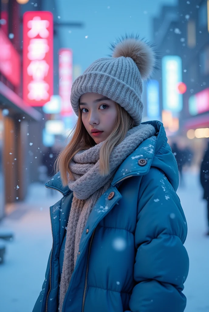 8k Lalisa of blacpink with blue winter clothes, in the snow surrounding her body, at night, with a background of neon signs in Japanese letters