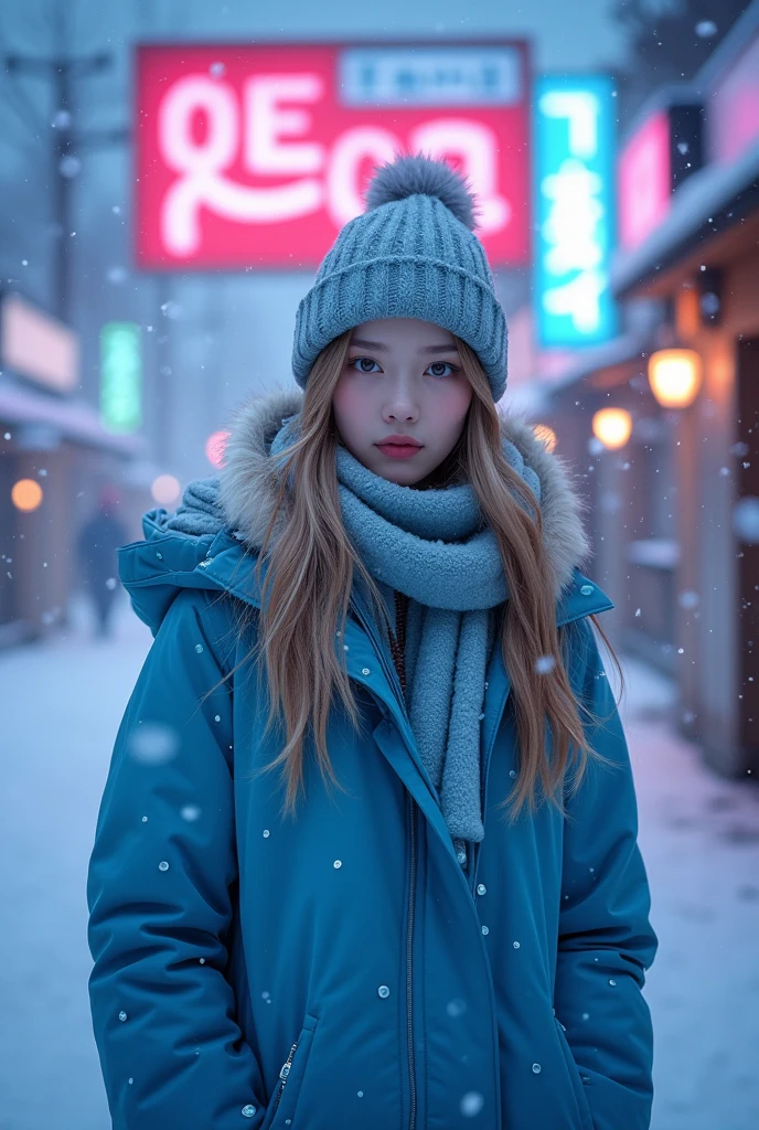 8k Lalisa of blacpink with blue winter clothes, in the snow surrounding her body, at night, with a background of neon signs in Japanese letters