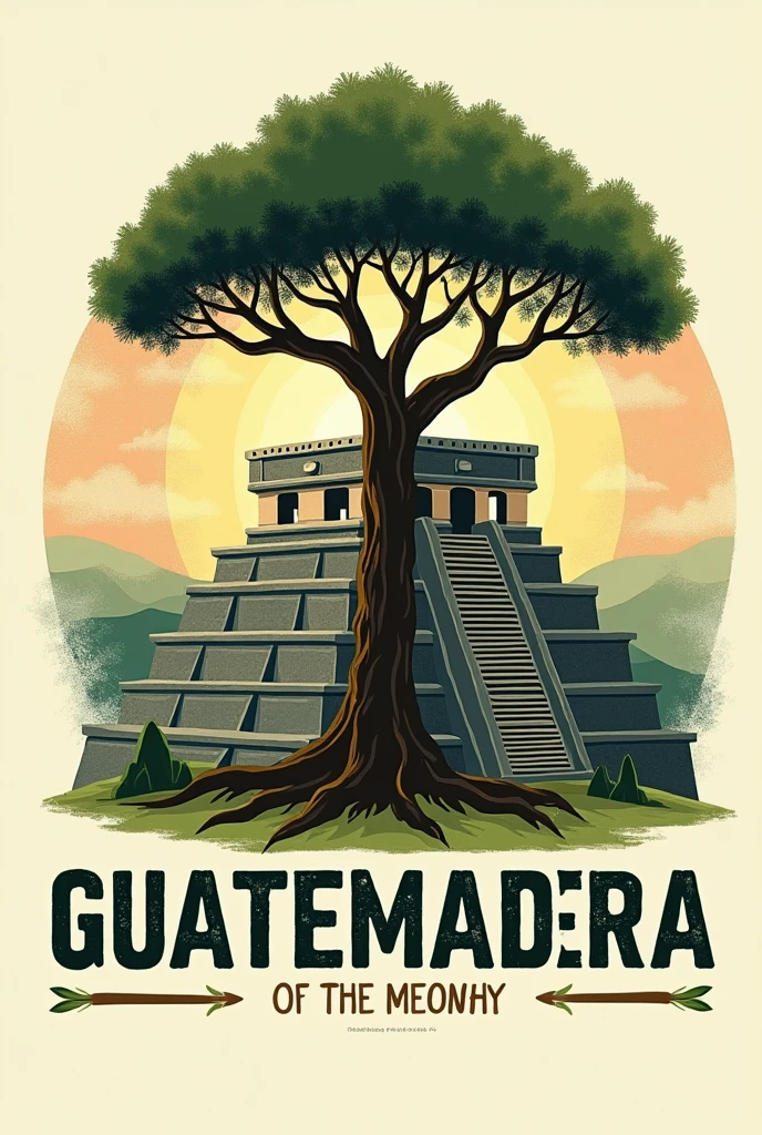 The logo of a company made from a tree and a Mayan ruin in the background and that says Guatemadera
