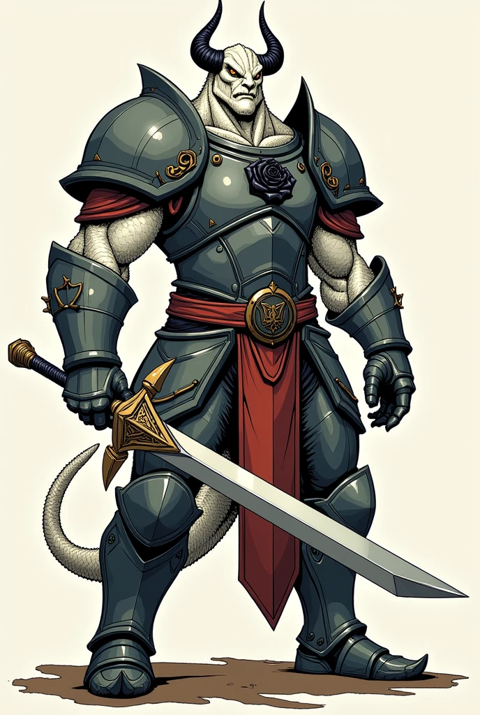 Create a Draconato with white scales covering his body and small, black horns that are curled and resemble those of Karlach from Baldur's Gate 3. He wears a full suit of heavy armor with a prominent black rose symbol on the left side of his chest. He wields a double-bladed sword with a blade on each end and a central grip, designed similarly to a lightsaber but as a sword. Ensure the chifres are not dourados e voltados para cima, and avoid any incorrect features like a crocodile tail or wrong skin color. The art should follow a traditional comic book style with bold outlines and flat colors, and the background should be plain to emphasize the character's detailed armor and weapon