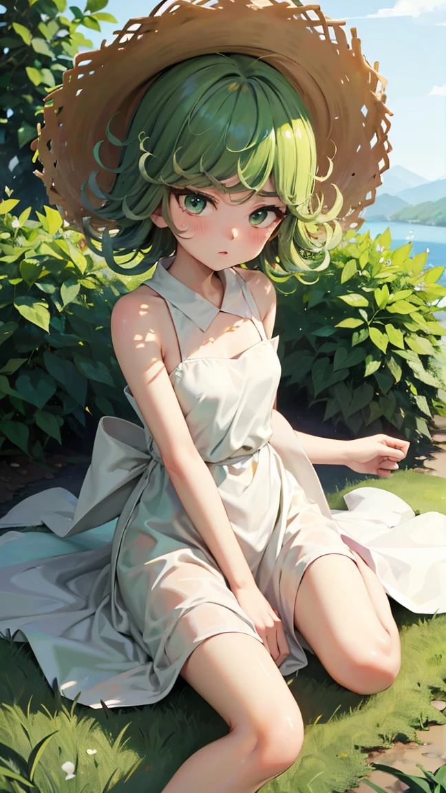 tatsumaki、One Woman、Green Hair、Medium Hair、Hair is curly、Small waist、Thin legs、blush、White dress、Straw hat