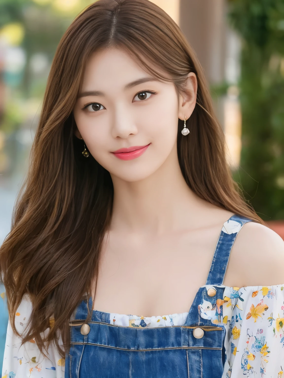 (highest quality、16K high resolution, Super detailed, masterpiece, Live shooting, realistic:1.5, hyper realism:1.5, sharp focus, very delicate and beautiful, small details, bust shot), 3 Japanese woman, 160cm tall, 50kg, bust 84cm, waist 59cm, hips 86cm, heart-shaped face with a pointed chin, shoulder-length layered brown hair styled with soft waves, groomed eyebrows, large expressive brown eyes, a straight nose, full smiling lips, wearing a yellow floral blouse, blue jeans, silver hoop earrings, a few faint freckles adding youthfulness, an overall warm and approachable demeanor, {{{{resembling actress Aya Omasa}}}}, random body orientation,