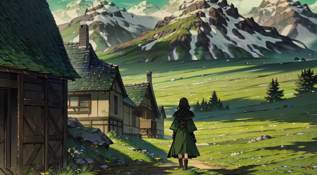 yuichiro hyakuya girl, (WithoutFear:1), 1 girl, black hair, green eyes, brown coat, gray armor, elves, sylvan, green shield, green cloak, dark brown gloves, forest, white fur trim, anime, standing, good quality, portrait, looking at viewer