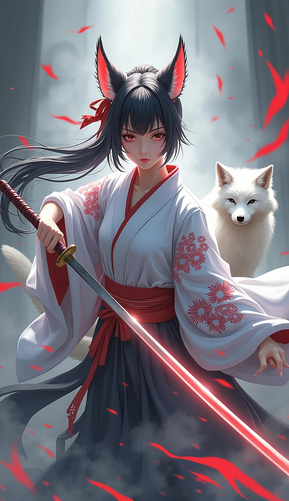 The enigmatic samurai woman (Musashi Miyamoto) wielding a long Japanese sword, Splitting with each powerful slash、Enveloped in the mist that obscures vision, Revealing a vivid and otherworldly scene, The clarity of the sword's slash against the hazy background, Mysterious Background, The white fox's sharp gaze met the viewer's., A layer of ethereal mist shrouding the foreground, Piercing, clear eyes, An exquisite and detailed kimono, Dramatic lighting and colors