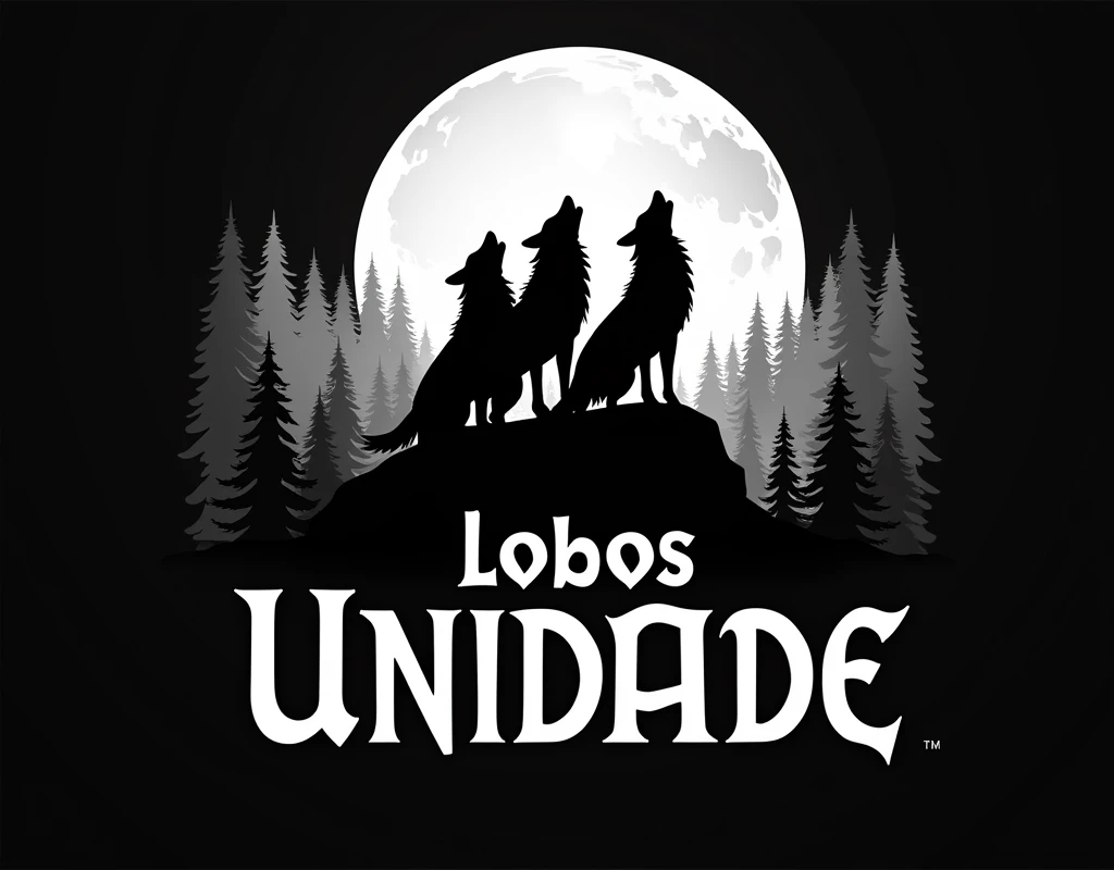 Create a logo for me with 3 wolves howling on top of a hill with a forest and the moon in the background. with the name "Lobos" below the wolves and the name "Unidade" below the name Lobos, having black and white as the main color