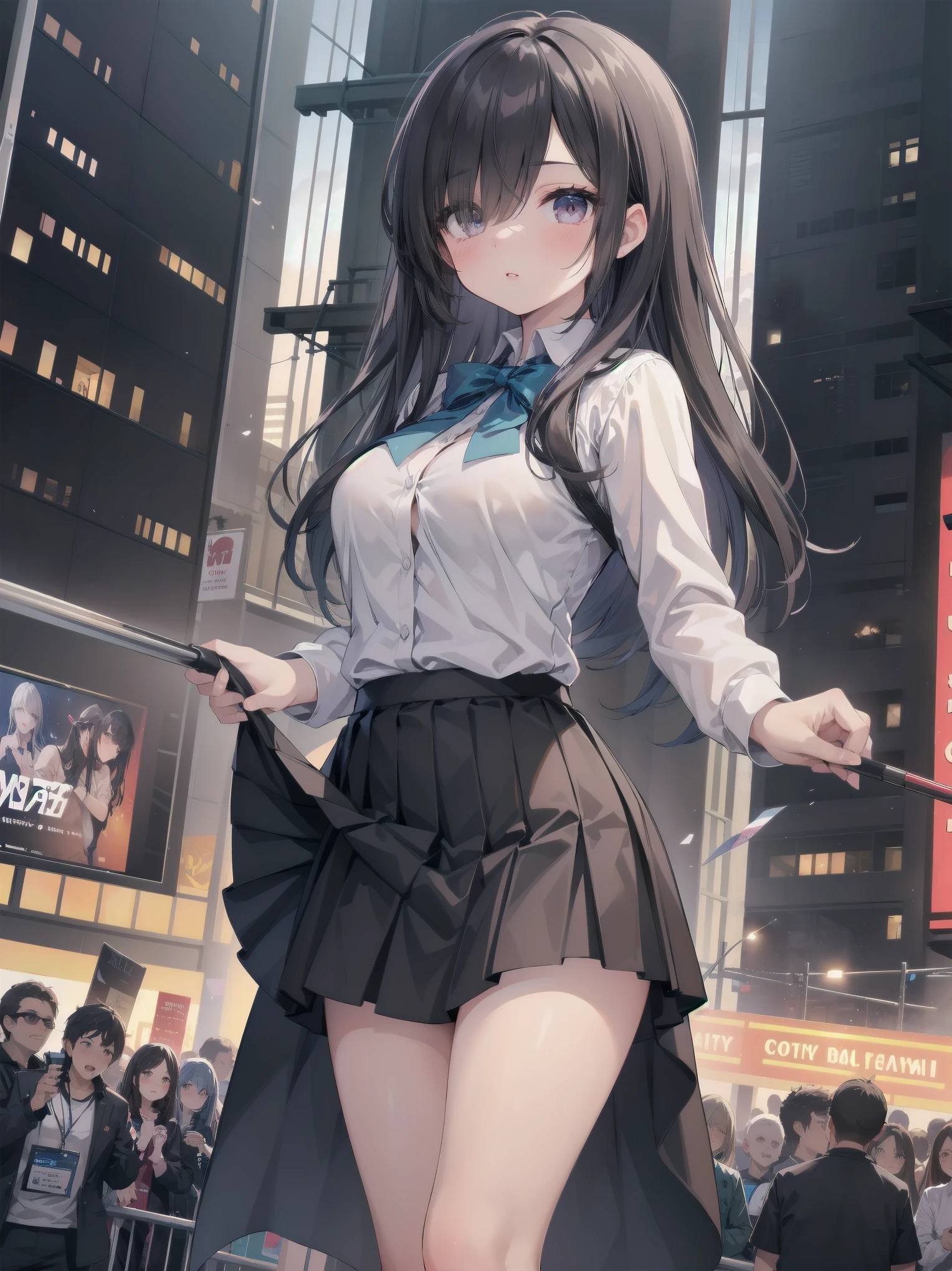 Highly detailed CG Unity 8k wallpaper, best quality, highly detailed, masterpiece, Highly detailed cute girl, 1, (((lifting skirt by herself))), (lifting by herself), dynamic angles, sexy pose, blush, lips apart, looking at the audience , half body shot, (crowd), (crowded big city)), hair over one eye, immaculate beauty, upscale, less revealing clothing