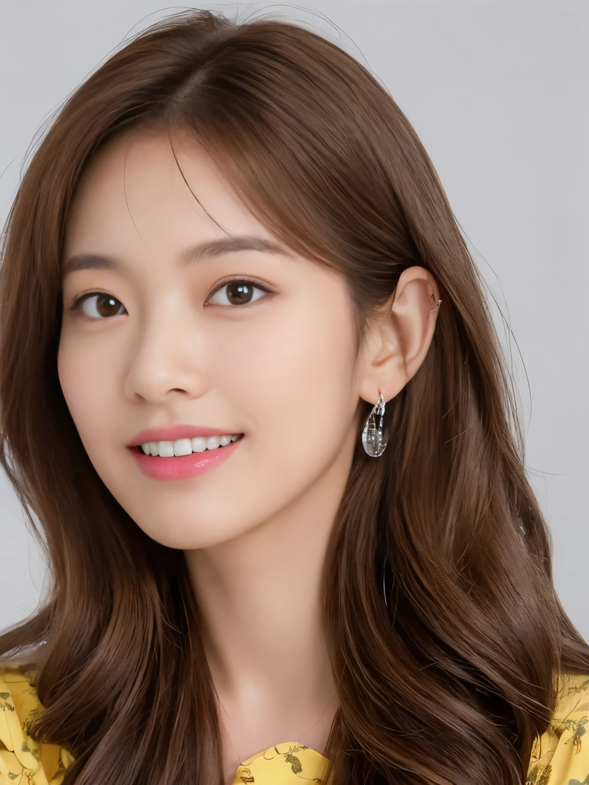 (highest quality、16K high resolution, Super detailed, masterpiece, Live shooting, realistic:1.5, hyper realism:1.5, sharp focus, very delicate and beautiful, small details, bust shot), 3 Japanese woman, 160cm tall, 50kg, bust 84cm, waist 59cm, hips 86cm, heart-shaped face with a pointed chin, shoulder-length layered brown hair styled with soft waves, groomed eyebrows, large expressive brown eyes, a straight nose, full smiling lips, wearing a yellow floral blouse, blue jeans, silver hoop earrings, a few faint freckles adding youthfulness, an overall warm and approachable demeanor, {{{{resembling actress Aya Omasa}}}}, random body orientation,