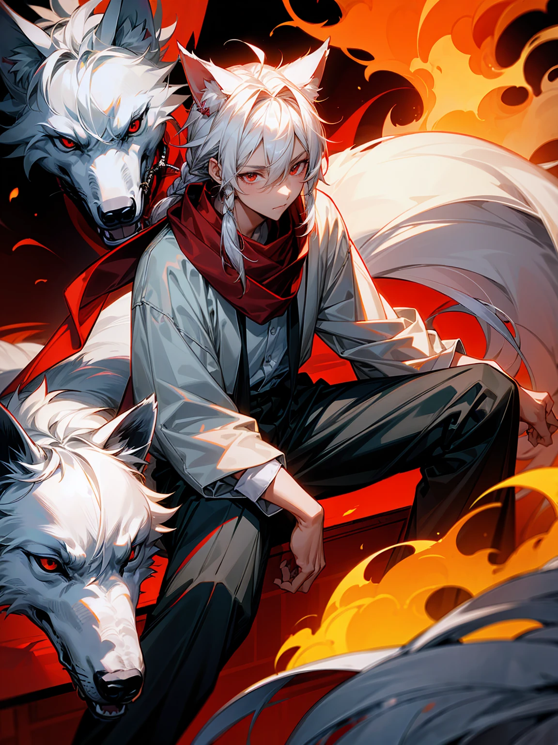 1male, Adult, Long White Hair, White Baggy Long Sleeve Shirt, Baggy Black Pants, Red Eyes, Red Scarf, Earring, Masculine, Dog Ears, Surrounded By Flames, Wolf, Single Hair Braid, Sitting, Flaming Ears