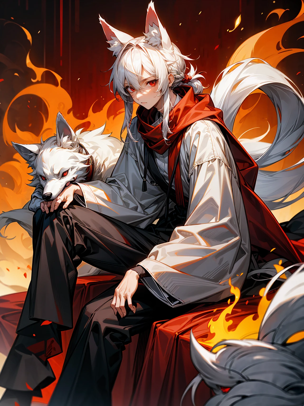 1male, Adult, Long White Hair, White Baggy Long Sleeve Shirt, Baggy Black Pants, Red Eyes, Red Scarf, Earring, Masculine, Dog Ears, Surrounded By Flames, Wolf, Single Hair Braid, Sitting, Flaming Ears