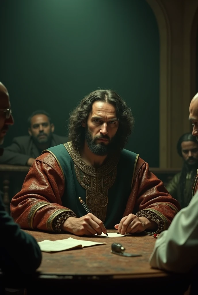 Leonardo Da Vinchi in board game mafia style with dark beige and green background