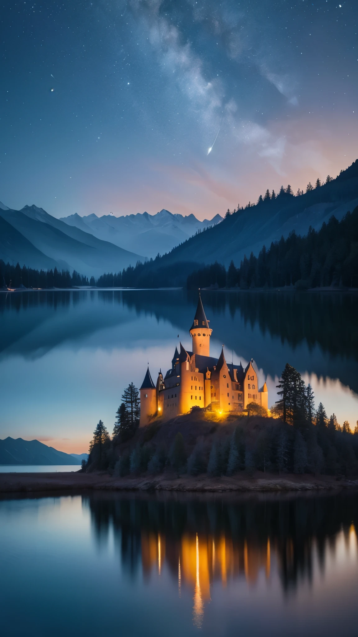 Old castle in the lake moon star Mystical scenery