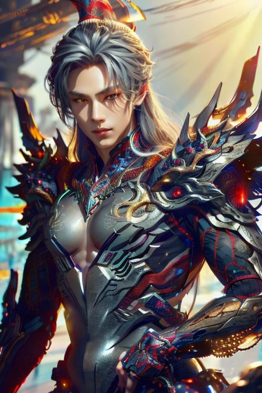 (Best Quality, 8K, Masterpiece, HDR, Soft Lighting, Picture Perfect, Realistic, Vivid), Male Humanoid Dragon (1.0), 1 Guy, (((male))),light red lips, Perfect Face, Super Detailed Photo of a Magnificent Humanoid Dragon man with long silver hair,golden amber eyes,eyes detailed,Beautiful anime fantasy, background blur, anime fantasy, Gouves style work, realistic: 1.37, long silver hair, full lips, (((Curvy guy))), (Ultra high quality fantasy art) , Masterpiece , male model, ultra high quality male character designs, detailed 8k anime art, realistic anime art, highest quality wallpapers, intricate ultra high quality accurate male characters faces, high quality design and accurate physics (fantasy - ultra high quality) art) , dark xianxia fantasy style), masterpieces, super high-quality characters, anime resolution - 8K, realistic anime art, wallpapers with the highest quality illustrations, ultra-high detail of faces, high-quality design and accurate physics), color, depth of field, shadows, ray tracing, high quality execution. -high quality and 8K resolution, (Accurate simulation of the interaction of light and materials)], [High-quality hair detail [Read more about beautiful and shiny white hair]], (Beautifully detailed hands [perfect fingers [Perfect nails]]], (perfect anatomy ( perfect proportions)))) [[Full height]], [Perfect combination of colors (Accurate imitation of the interaction of light and material)], [art that conveys the meaning of the story](modified)